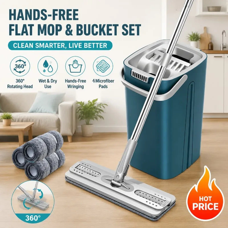 Serpillère plate en microfibre mains libres avec seau
