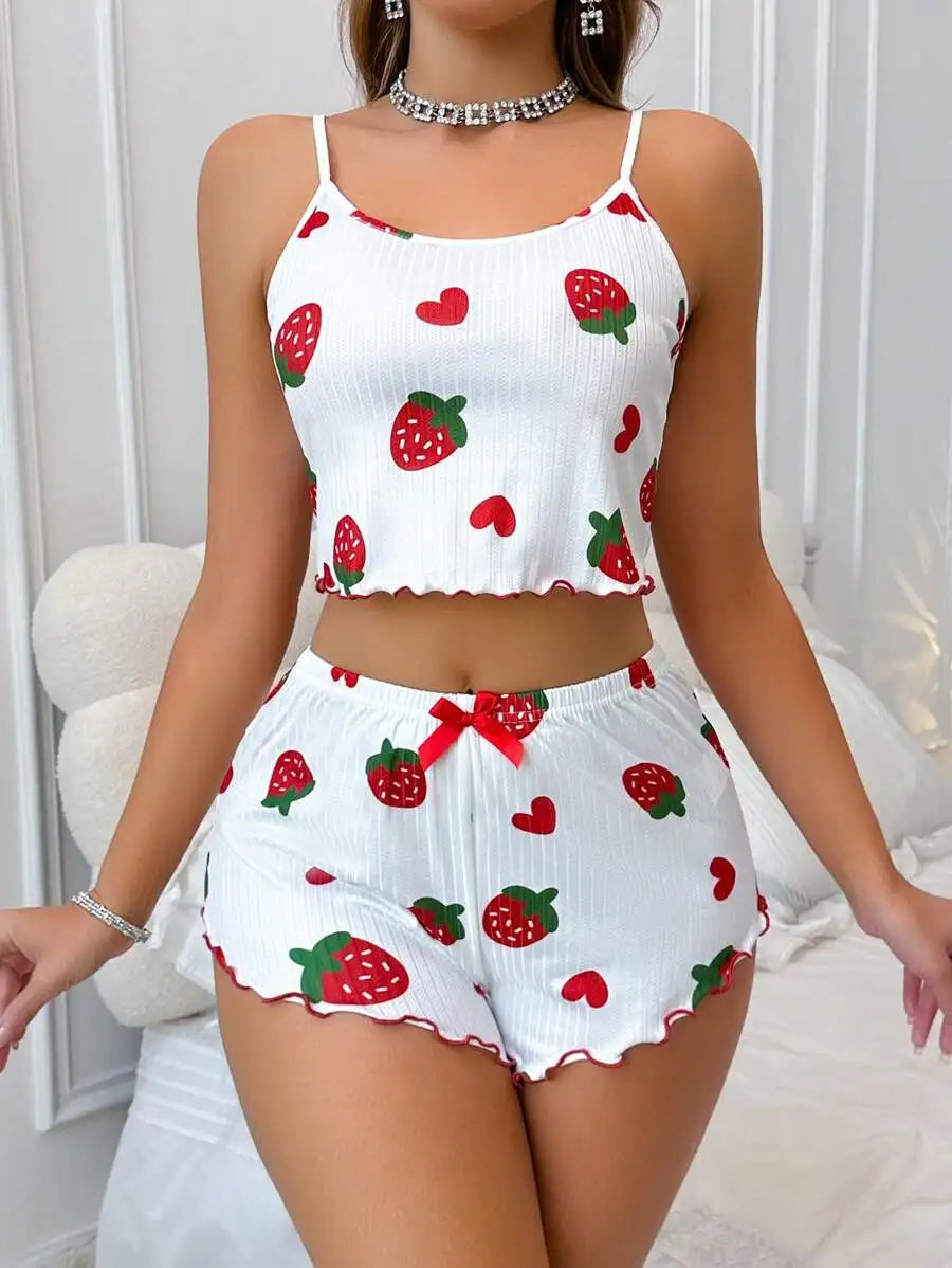 Ensemble pyjama d'été 2 pièces imprimé cœur pour femmes
