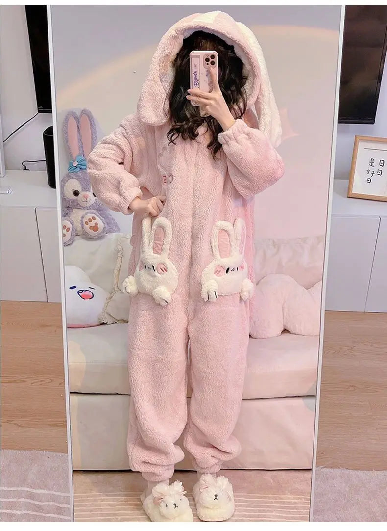 Coral velours Onesies femmes mignon lapin Kigurumi licorne Preppy dessin animé à capuche K – vue 2