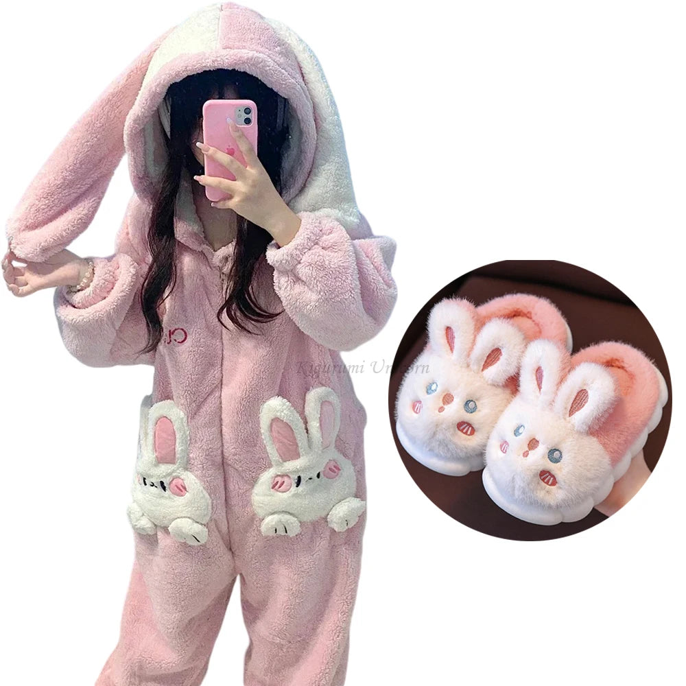 Coral velours Onesies femmes mignon lapin Kigurumi licorne Preppy dessin animé à capuche K