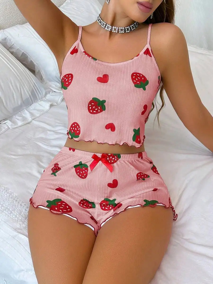 Ensemble pyjama d'été 2 pièces imprimé cœur pour femmes