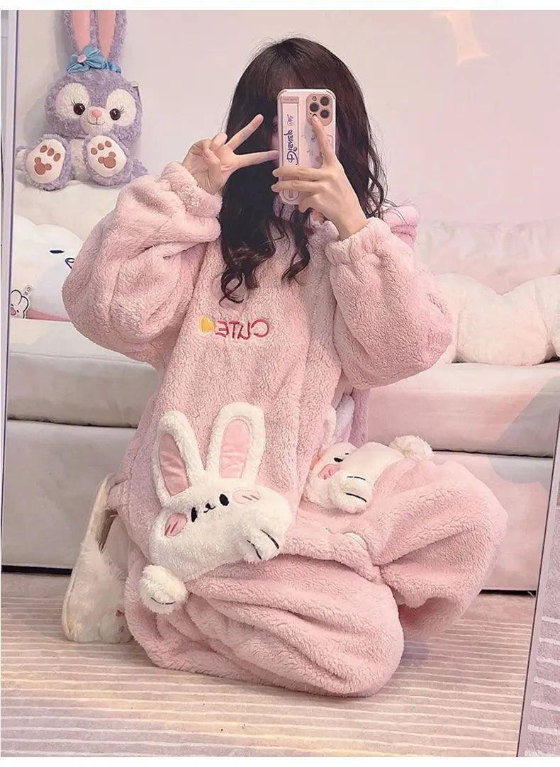 Coral velours Onesies femmes mignon lapin Kigurumi licorne Preppy dessin animé à capuche K – vue 3
