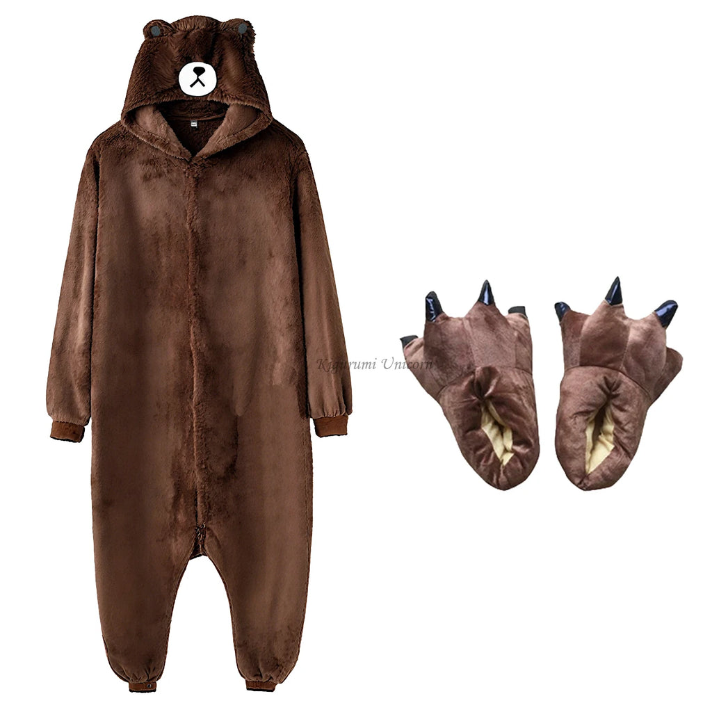 Ours brun Onesie femmes hommes Animal Kigurumis pyjama dessin animé animaux pantoufles Fes