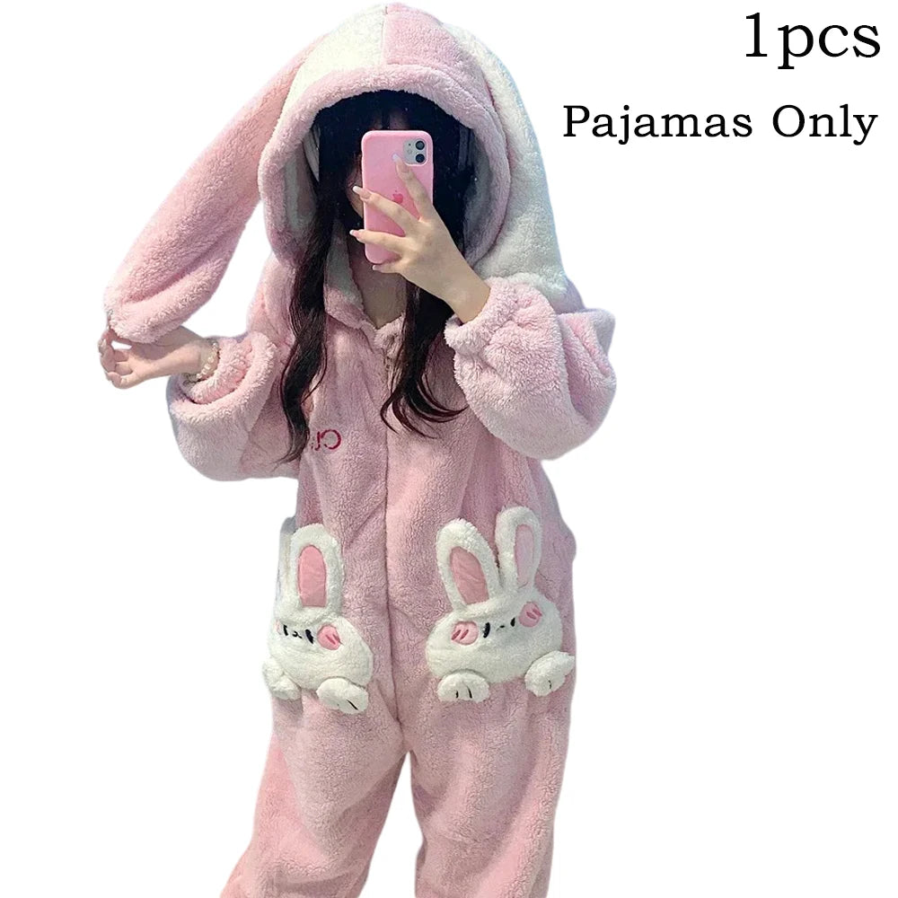 Coral velours Onesies femmes mignon lapin Kigurumi licorne Preppy dessin animé à capuche K