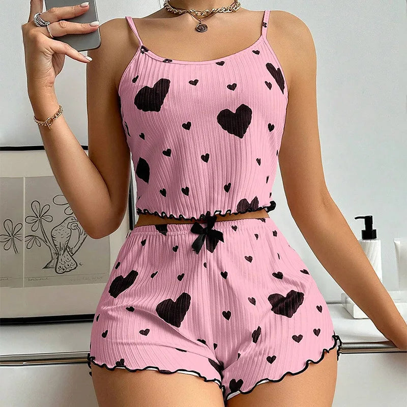 Ensemble pyjama d'été 2 pièces imprimé cœur pour femmes