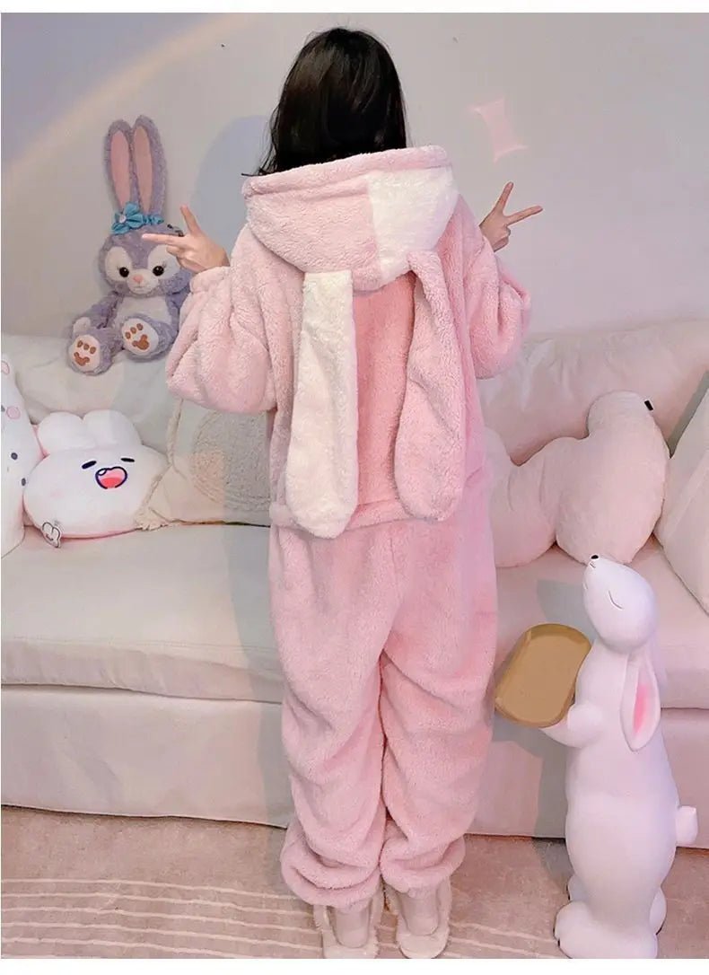 Coral velours Onesies femmes mignon lapin Kigurumi licorne Preppy dessin animé à capuche K – vue 4
