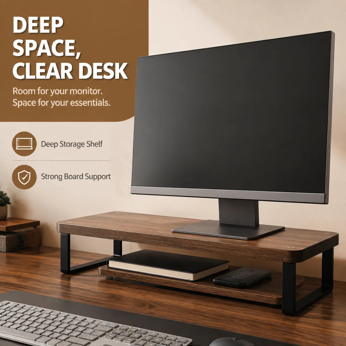 Support d'affichage avec espace de rangement surélevé pour clavier de bureau – vue 2