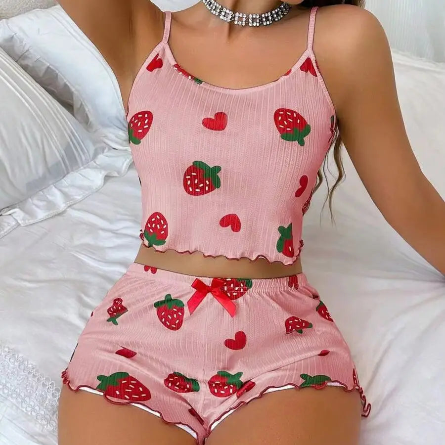 Ensemble pyjama d'été 2 pièces imprimé cœur pour femmes