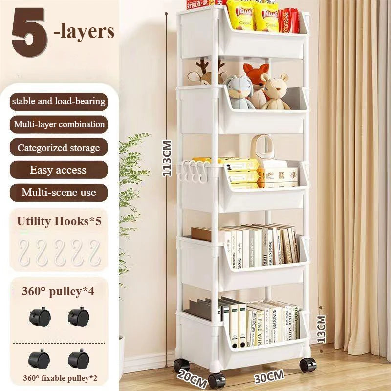 Bibliothèque étroite à 5 niveaux avec roulettes