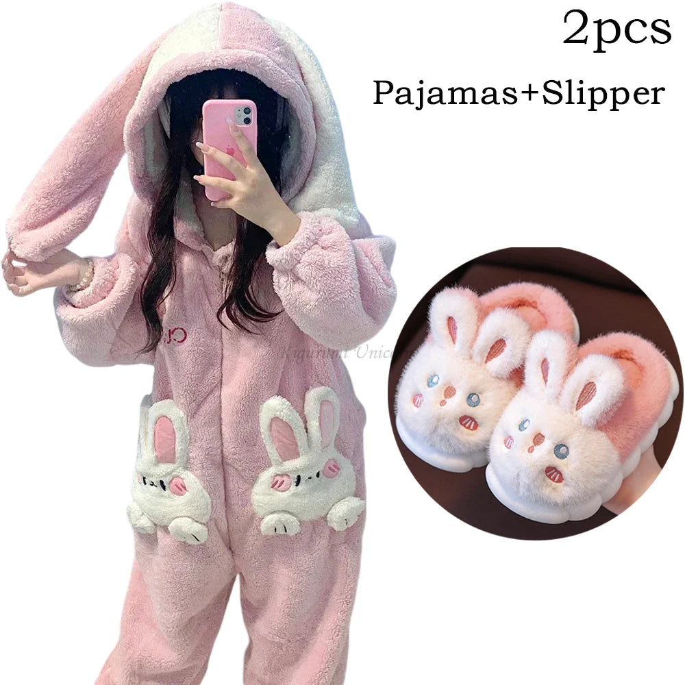 Coral velours Onesies femmes mignon lapin Kigurumi licorne Preppy dessin animé à capuche K