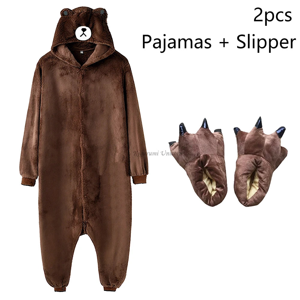 Ours brun Onesie femmes hommes Animal Kigurumis pyjama dessin animé animaux pantoufles Fes